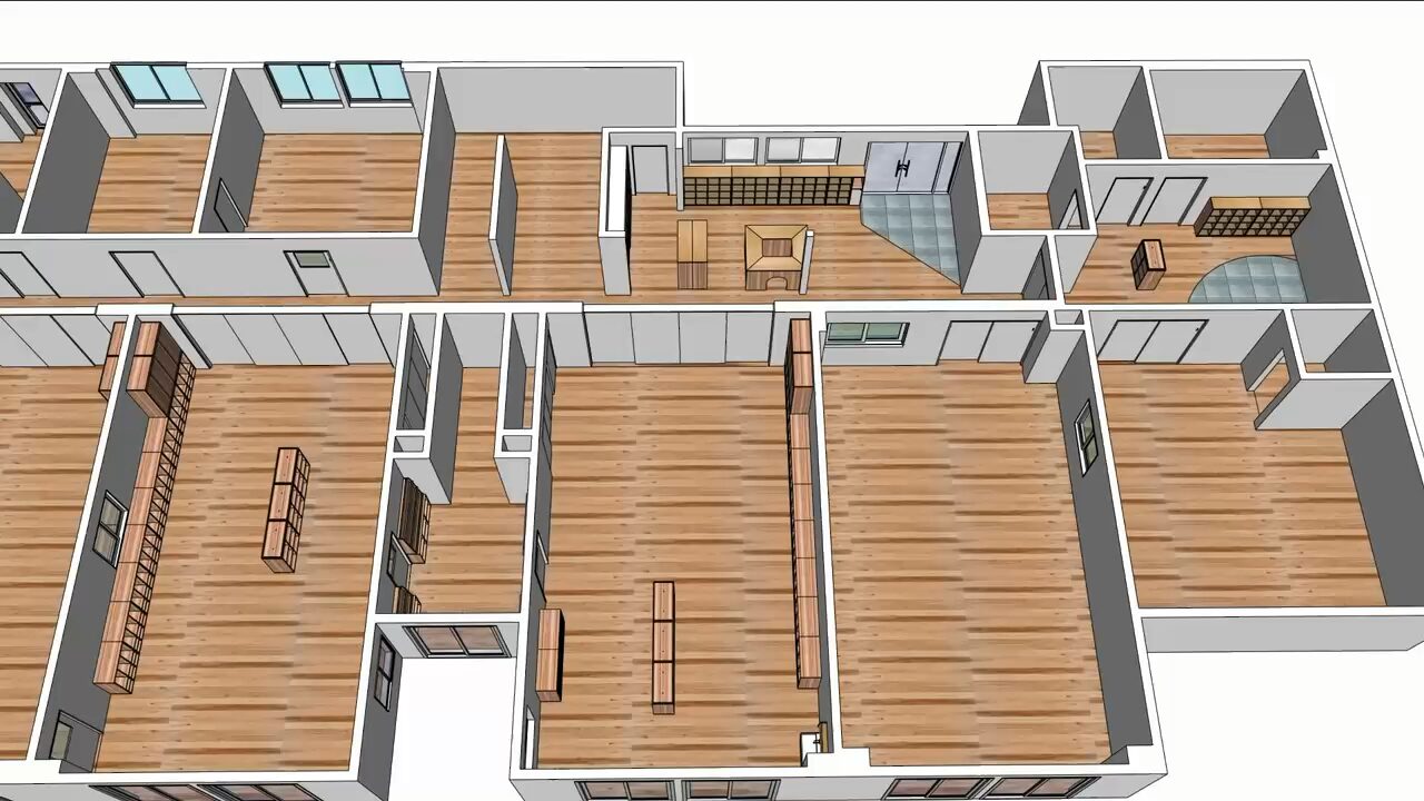 保育施設の室内構成を斜め上から確認する3D CG